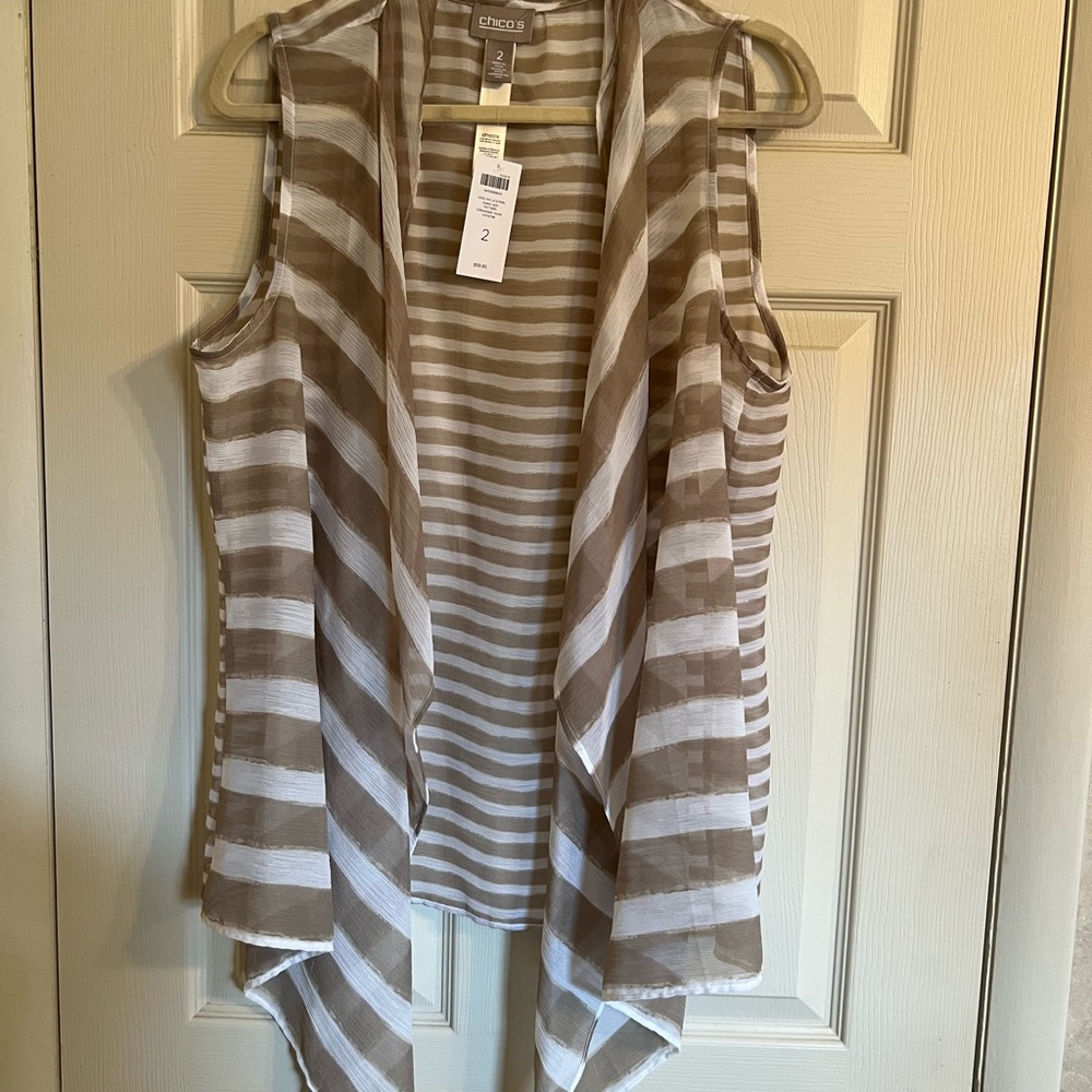 Chico's Taupe and White Striped Sleeveless Blouse/Vest